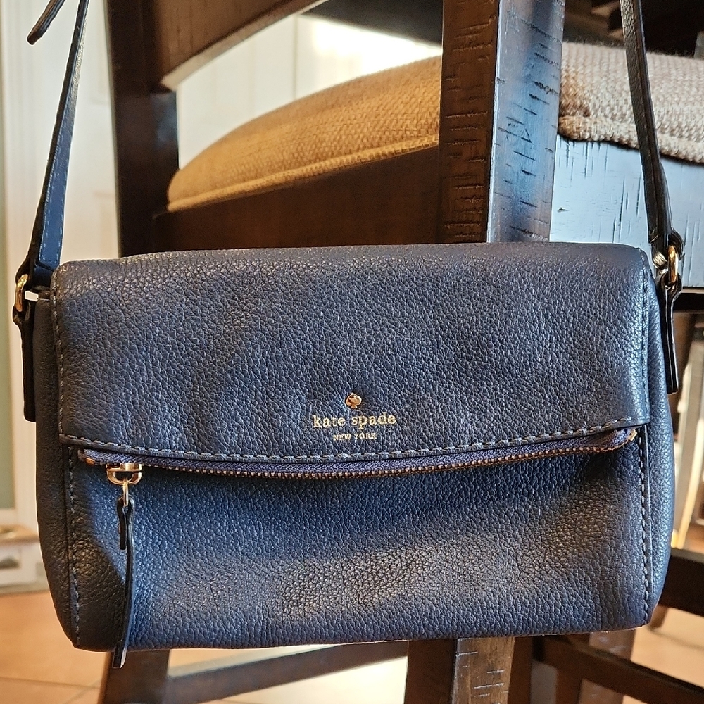 Kate Spade Blue Crossbody Bag with Textured Leather and Gold Accents